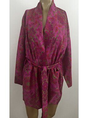 Vintage Star of Siam 100% Silk Robe & Slippers Women's S Pink Floral Kimono